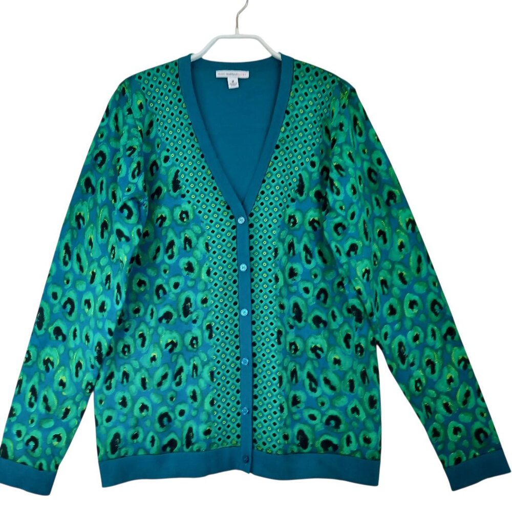 Isaac Mizrahi Live Womens Teal Green Leopard Print Button Front Cardigan Size M